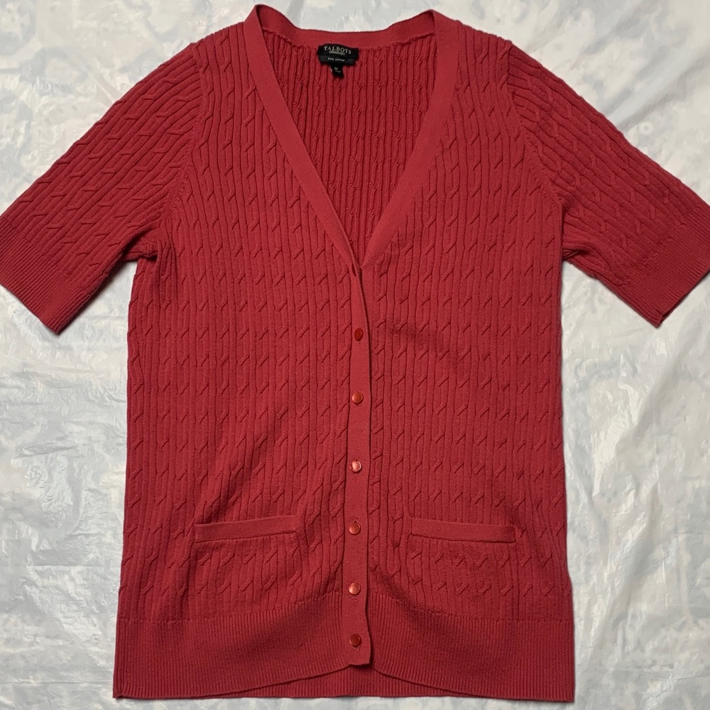 Talbots Pima Cotton Cable Knit V Neck Short Sleeve Sweater NWOT Size M Red